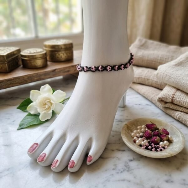 "Midnight Bloom" Black & Pink Floral Anklet