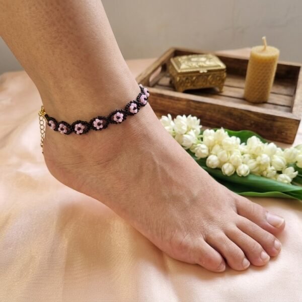 "Midnight Bloom" Black & Pink Floral Anklet