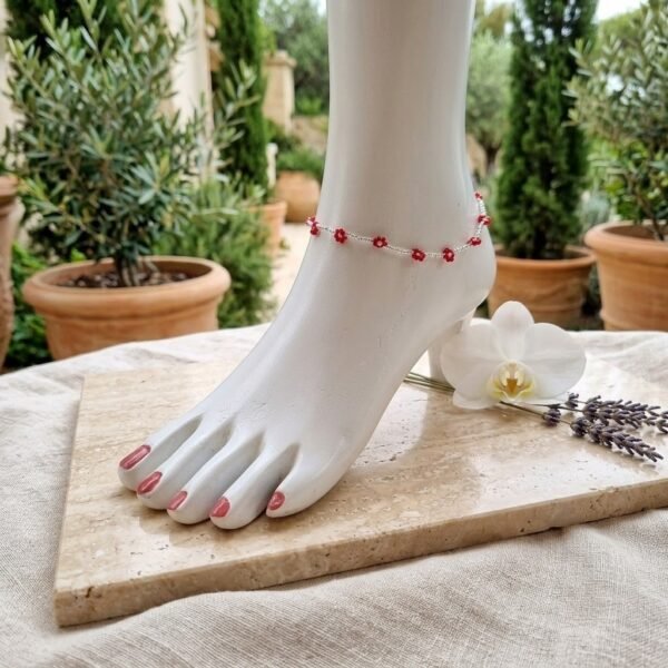 "Crimson Sparkle" Silver & Red Floral Anklet
