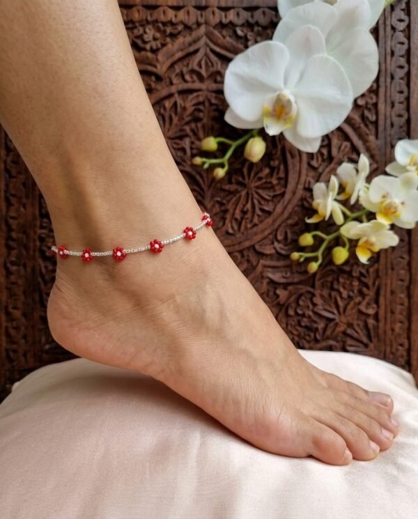 "Crimson Sparkle" Silver & Red Floral Anklet