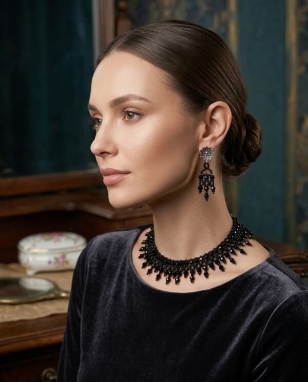 2026/01/1743.jpg "Midnight Cascade" Black Crystal Fringe Necklace Set