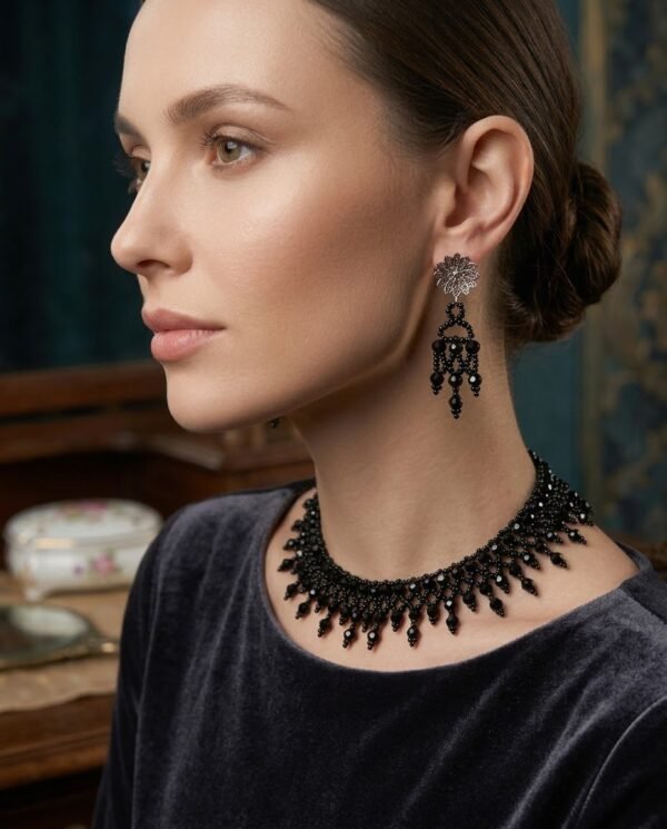 2026/01/1744.jpg "Midnight Cascade" Black Crystal Fringe Necklace Set