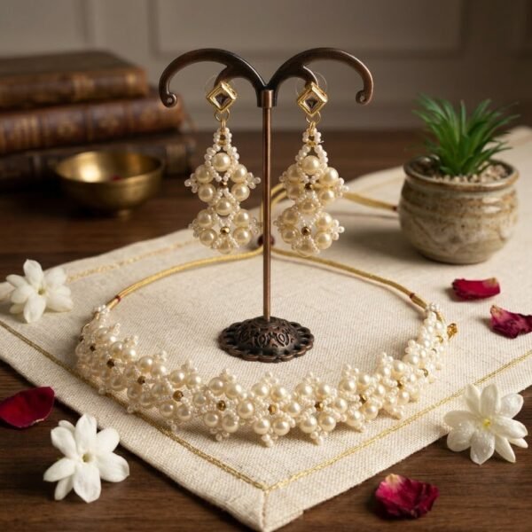 2026/01/1918.jpg "Royal Ivory" Handwoven Pearl Choker & Earring Set