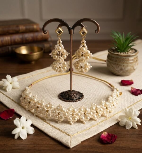 "Royal Ivory" Handwoven Pearl Choker & Earring Set