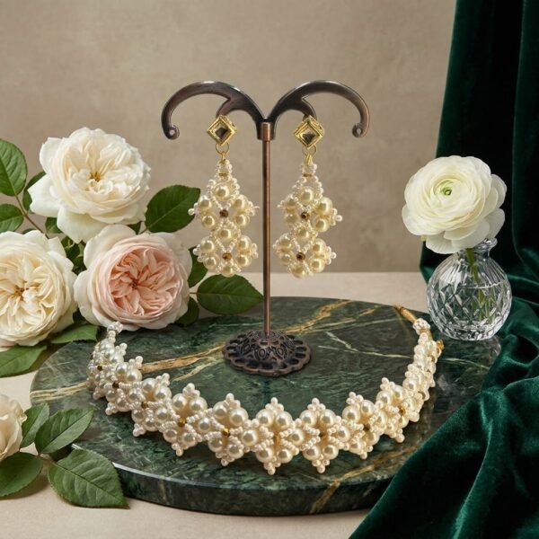 "Royal Ivory" Handwoven Pearl Choker & Earring Set