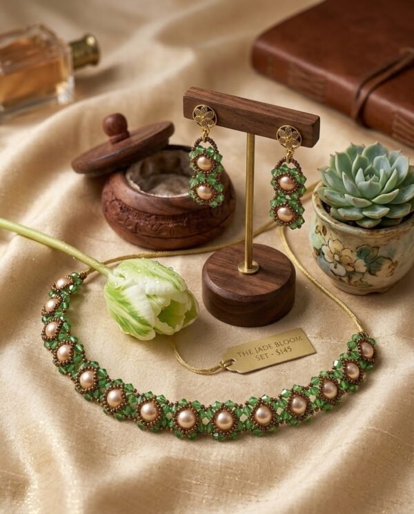"Vintage Emerald" Champagne Pearl & Green Crystal Choker Set