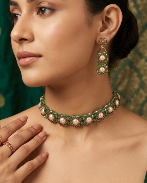 "Vintage Emerald" Champagne Pearl & Green Crystal Choker Set