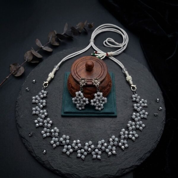"Silver Mist" Grey Crystal & Gunmetal Floral Choker Set