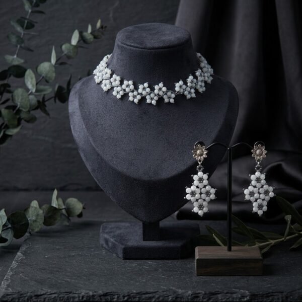 2026/01/1969.jpg "Silver Mist" Grey Crystal & Gunmetal Floral Choker Set