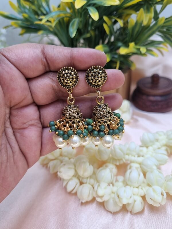 "Royal Heritage" Antique Gold Jhumka Earrings with Green Beads