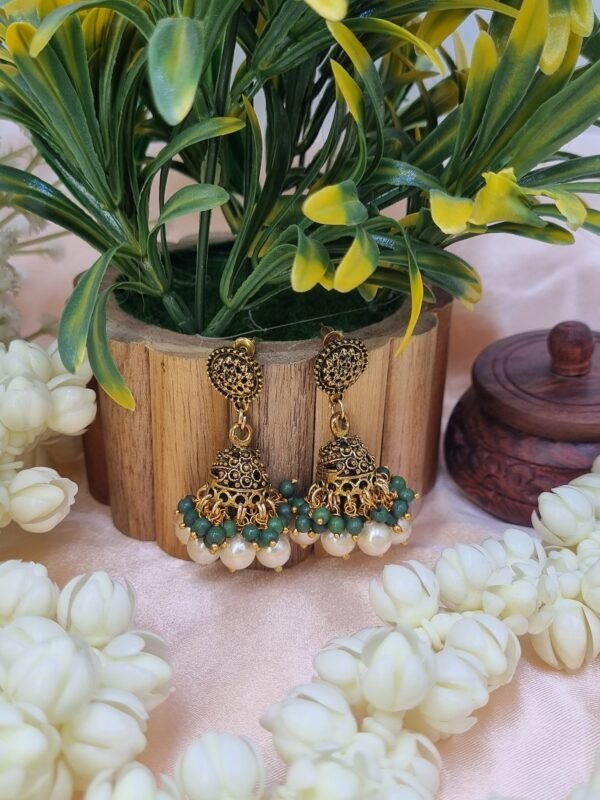 "Royal Heritage" Antique Gold Jhumka Earrings with Green Beads
