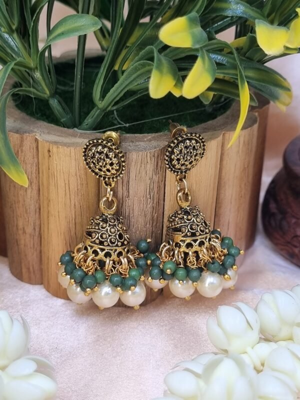 "Royal Heritage" Antique Gold Jhumka Earrings with Green Beads