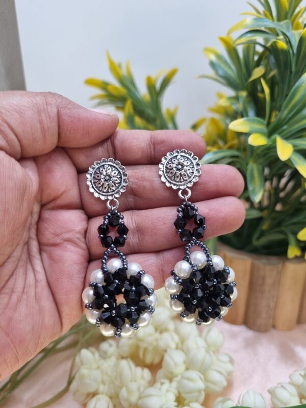 "Monochrome Bloom" Oxidized Silver Black & Pearl Earrings
