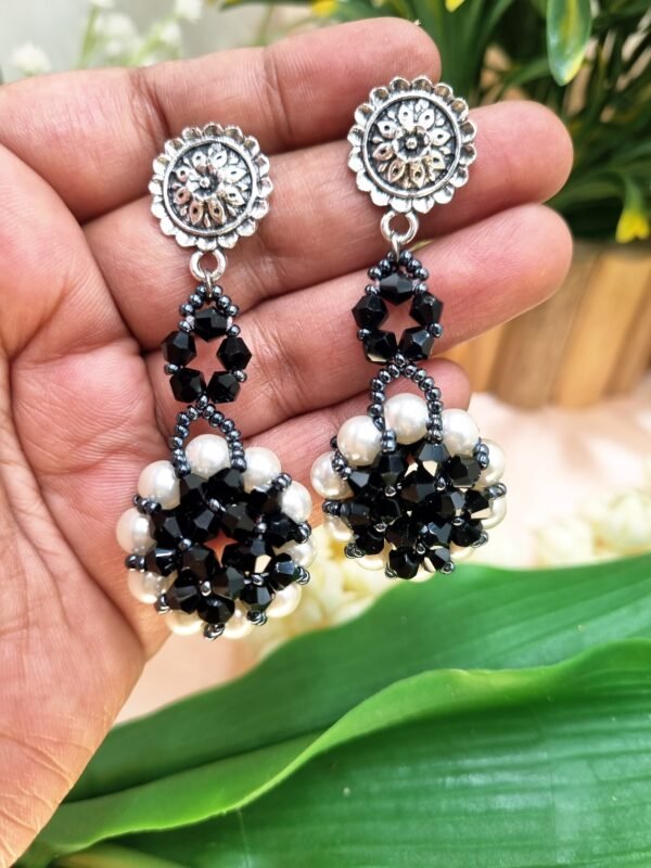 "Monochrome Bloom" Oxidized Silver Black & Pearl Earrings