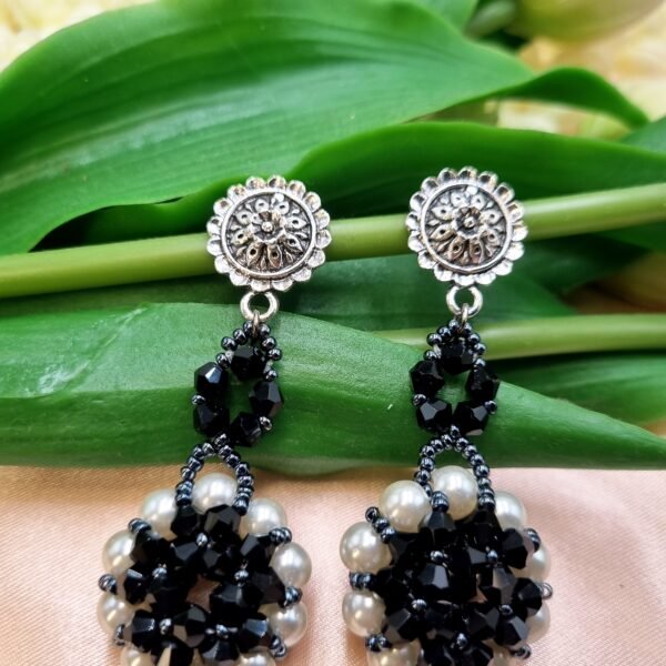 20250921_063235 "Monochrome Bloom" Oxidized Silver Black & Pearl Earrings