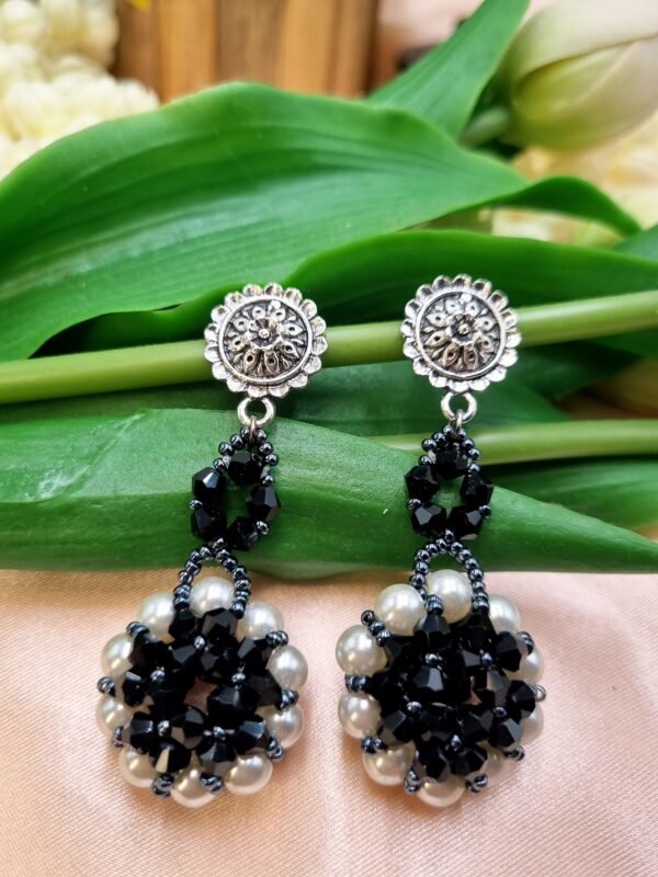 "Monochrome Bloom" Oxidized Silver Black & Pearl Earrings