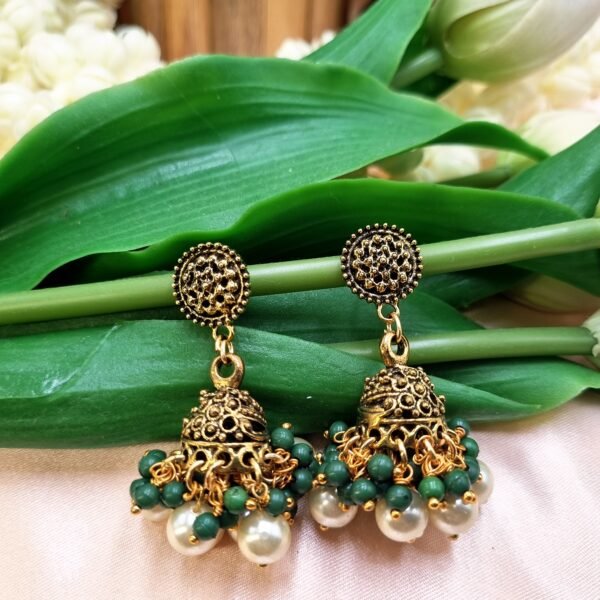 20250921_063411 "Royal Heritage" Antique Gold Jhumka Earrings with Green Beads