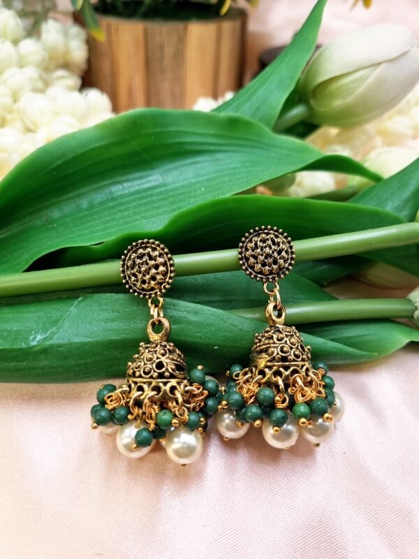 "Royal Heritage" Antique Gold Jhumka Earrings with Green Beads