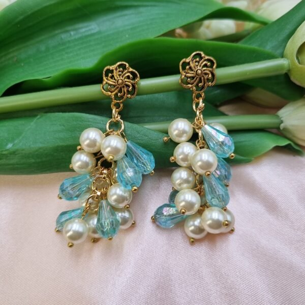 "Ocean Mist" Pearl & Aqua Crystal Cluster Earrings