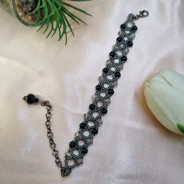 20250924_172751 "Midnight Lace" Black Crystal & Gunmetal Bead Bracelet