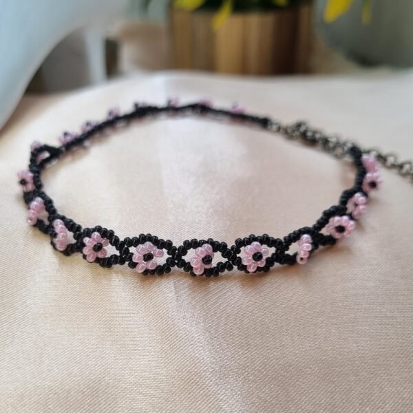 "Midnight Bloom" Black & Pink Floral Anklet