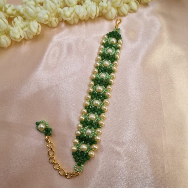 20251123_115327 "Forest Pearl" Green Crystal & Cream Pearl Woven Bracelet