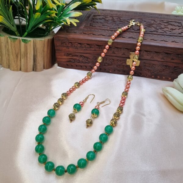 20251124_110545 "Jade Garden" Green Bead & Peach Pearl Necklace Set