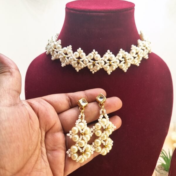 "Royal Ivory" Handwoven Pearl Choker & Earring Set