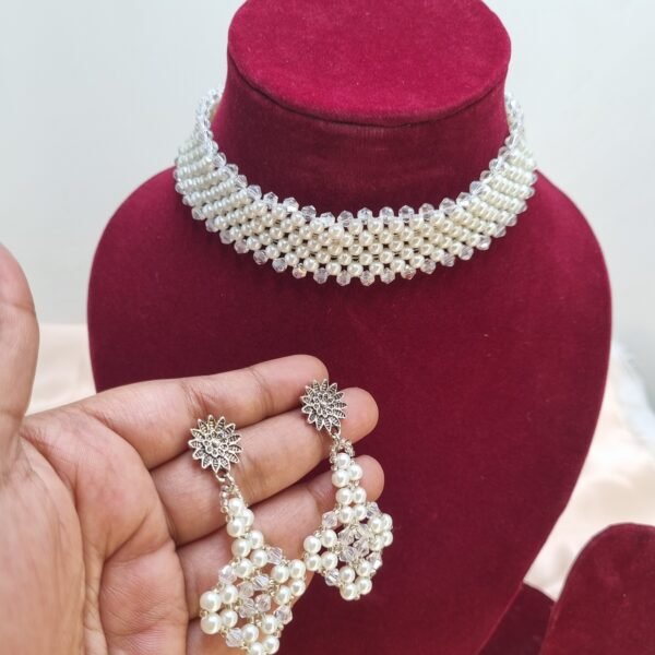 "Ivory Frost" Wide Pearl & Crystal Choker Set