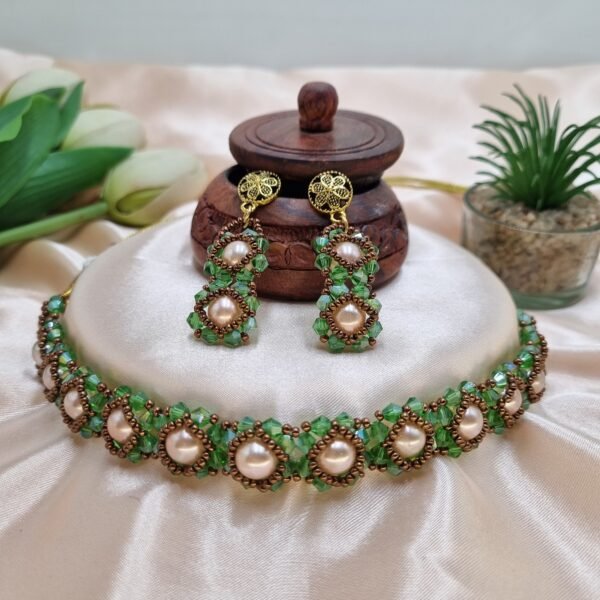 "Vintage Emerald" Champagne Pearl & Green Crystal Choker Set