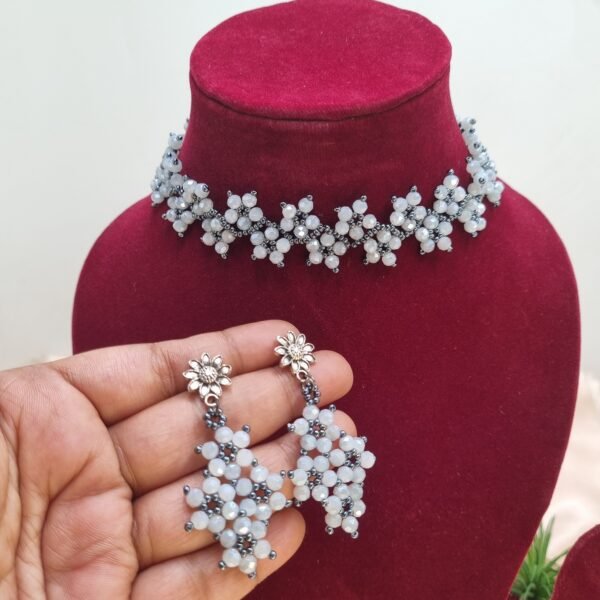 "Silver Mist" Grey Crystal & Gunmetal Floral Choker Set