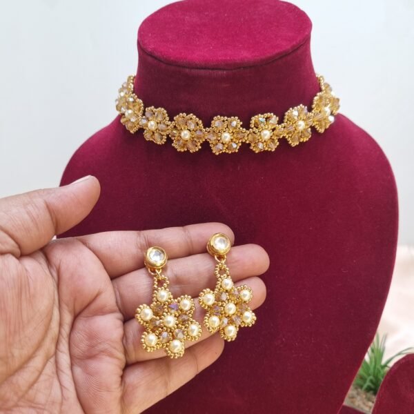"Golden Honey" Amber Crystal & Pearl Floral Choker Set