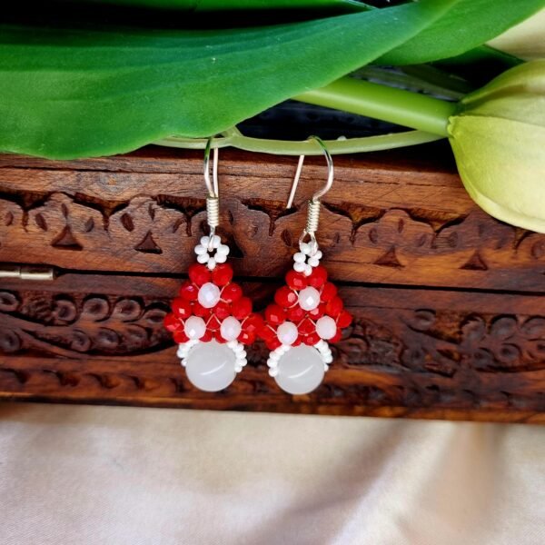 "Crimson Snow" Red Crystal & White Drop Earrings