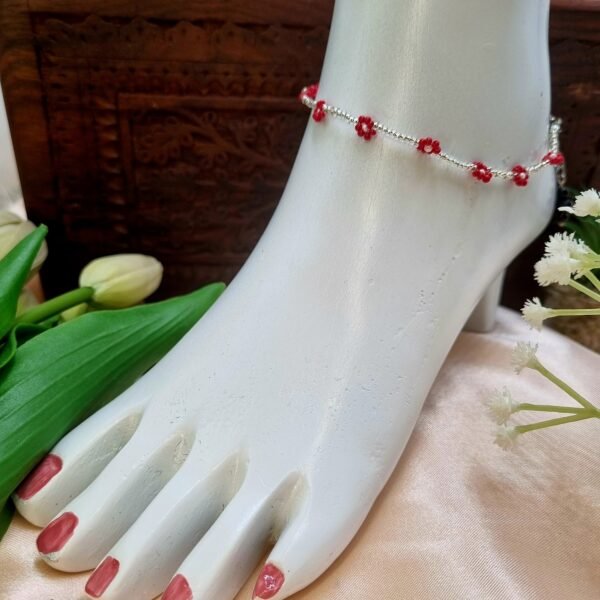 "Crimson Sparkle" Silver & Red Floral Anklet