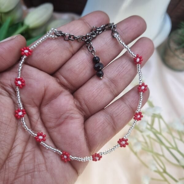 "Crimson Sparkle" Silver & Red Floral Anklet