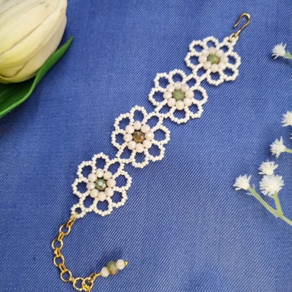 20251127_204206 "Meadow Lace" White & Green Crystal Flower Bracelet
