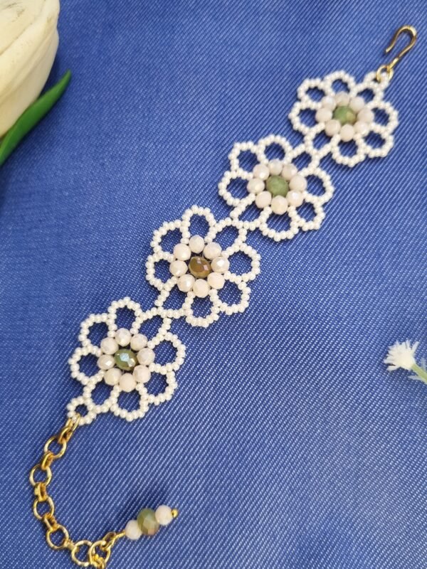 "Meadow Lace" White & Green Crystal Flower Bracelet