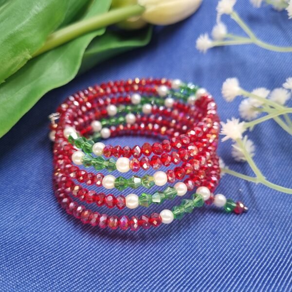 20251130_181713 "Festive Cheer" Red, Green & Pearl Memory Wire Bracelet