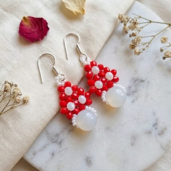 "Crimson Snow" Red Crystal & White Drop Earrings