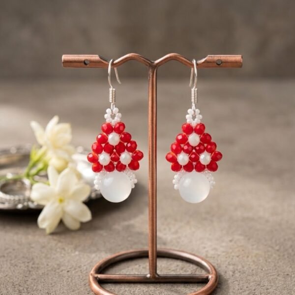 2026/01/2198.jpg "Crimson Snow" Red Crystal & White Drop Earrings