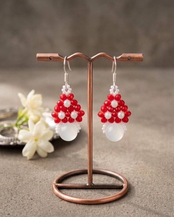 "Crimson Snow" Red Crystal & White Drop Earrings