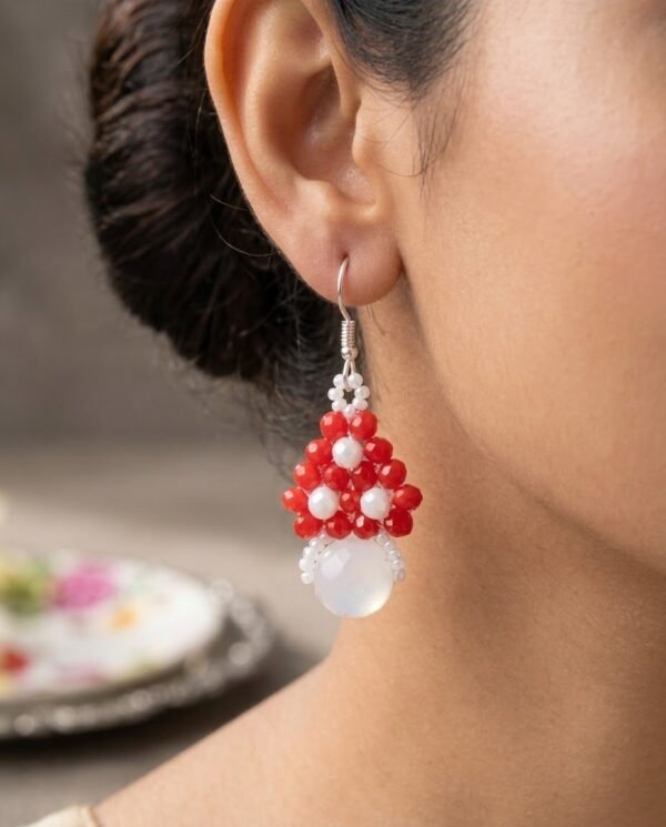 "Crimson Snow" Red Crystal & White Drop Earrings
