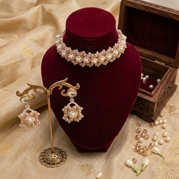 "Champagne Glow" Crystal & Pearl Floral Choker Set
