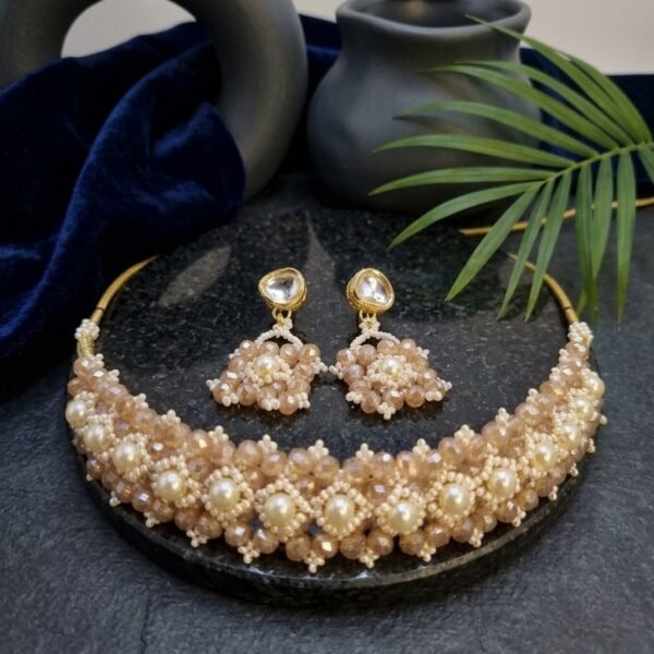 "Champagne Glow" Crystal & Pearl Floral Choker Set