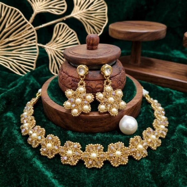 "Golden Honey" Amber Crystal & Pearl Floral Choker Set