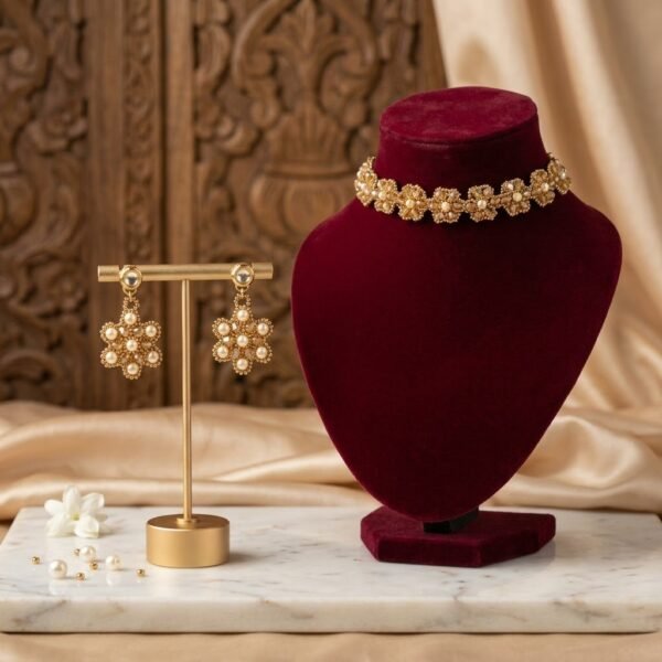 "Golden Honey" Amber Crystal & Pearl Floral Choker Set