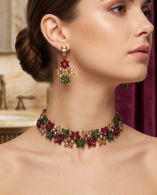 "Royal Garden" Red, Green & Gold Crystal Floral Choker Set