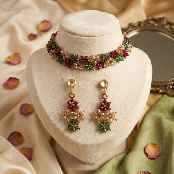 "Royal Garden" Red, Green & Gold Crystal Floral Choker Set