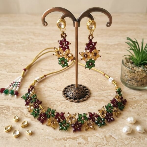 2026/01/3178.jpg "Royal Garden" Red, Green & Gold Crystal Floral Choker Set