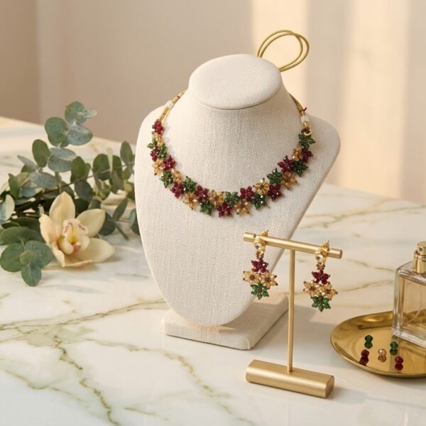 "Royal Garden" Red, Green & Gold Crystal Floral Choker Set